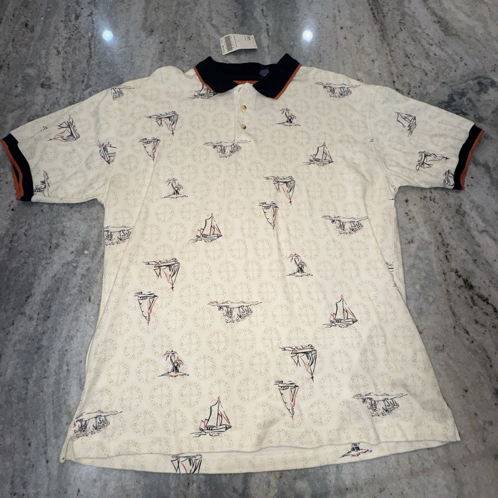 VTG NWT Trader Bay Polo Sail Boats Tan Golf Grandpa Core Sz Men's Large